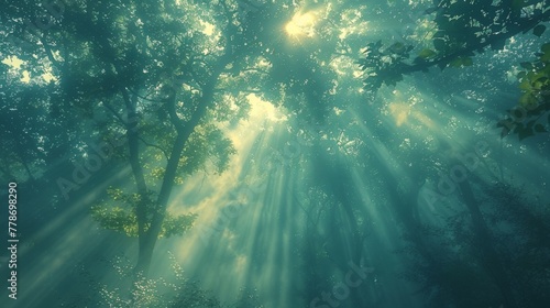 A tranquil scene of sunbeams filtering through the dense foliage of a serene, mist-laden forest.