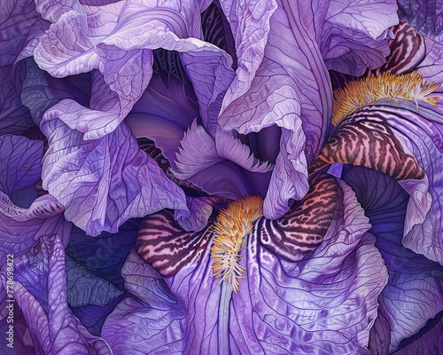 The intricate patterns of a purple iriss petals photo