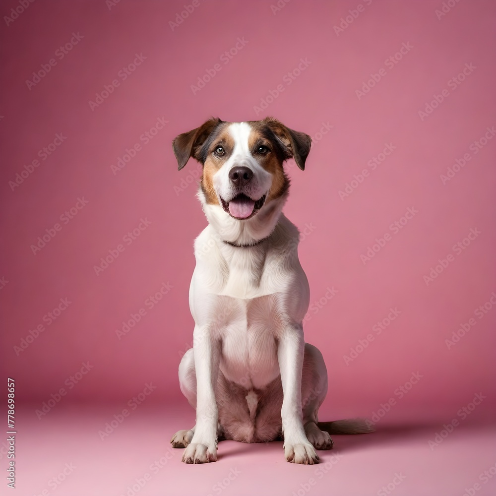 Realistic photo of a happy dog sitting on a pink background, in a studio shot, in the style of professional photography, with natural light.