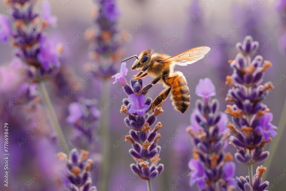 A bees pollen-covered legs as it moves from one lavender flower to another A bees pollen-covered legs as it moves from one lavender flower to another