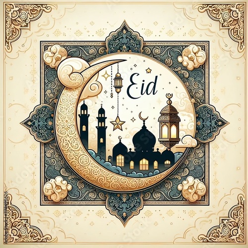 Eid Mubarak featuring lantern and crescent star light ornamental background with Islamic frame motif