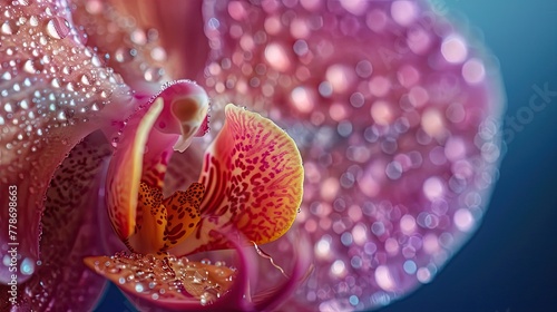 Water beads artfully resting on the silky surface of an orchids petal