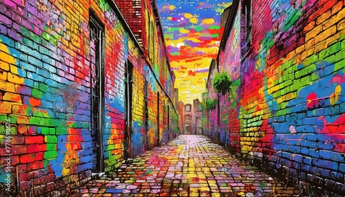 a colorful graffiti brick wall background, reflecting the energy and creativity of 