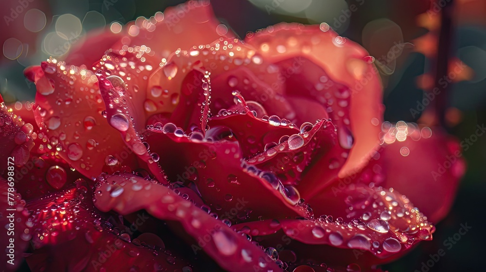 Dewdrops clinging to the vibrant petals of a red rose in the early morning light Dewdrops clinging to the vibrant petals of a red rose in the early morning light