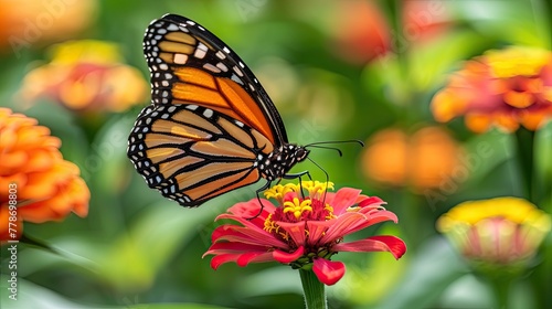 A monarch butterflys wings perfectly complementing the colors of a zinnia © 220 AI Studio
