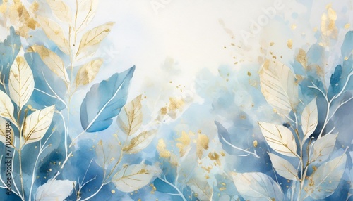 floral nature background of blue plant leaves and flower leaves on border pastel light blue and white watercolor painted leaf outlines in abstract illustration with soft texture photo