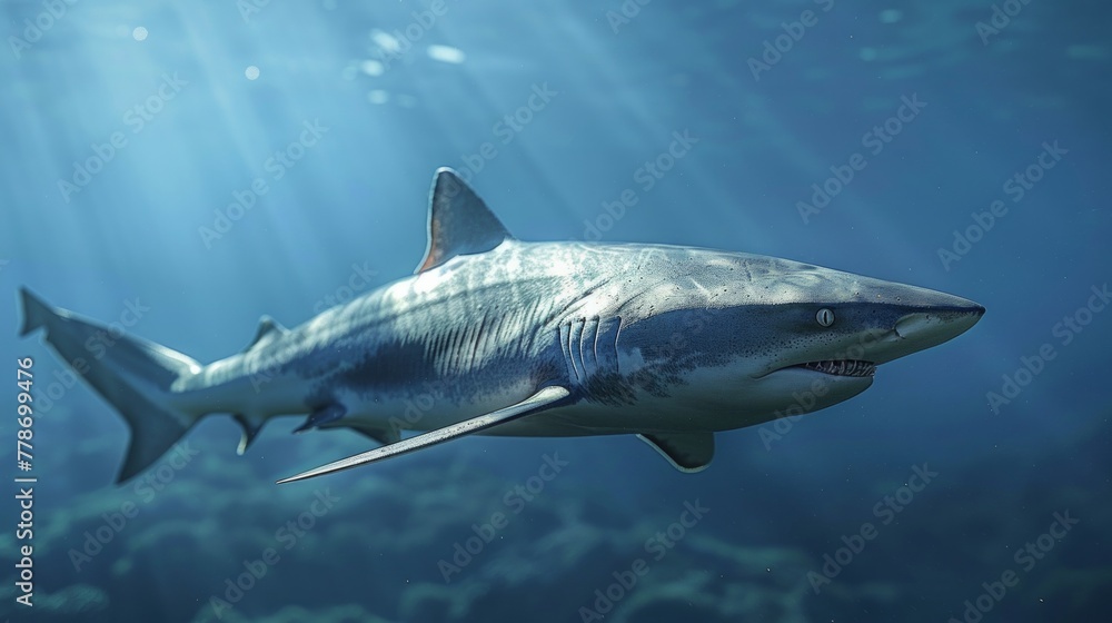 Fototapeta premium Ocean shark bottom view from below. Open toothy dangerous mouth with many teeth. Underwater blue sea waves clear water shark swims