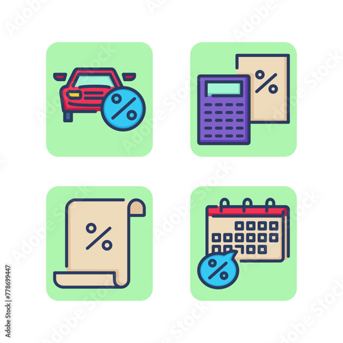 Bank loan interest payment line icon set. Car loan, interest calculator, statement, debt document, credit calendar. Bank loan, debt payment concept. Vector illustrations for web design and apps