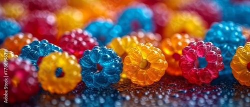 a group of colorful beads sitting next to each other on top of a reflective surface with drops of water on top of them.