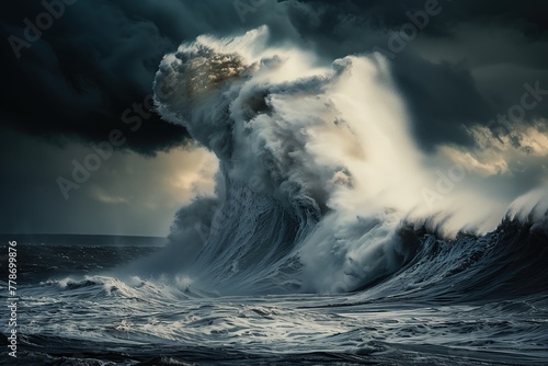 A dramatic stormy sea with crashing waves under dark, ominous clouds.