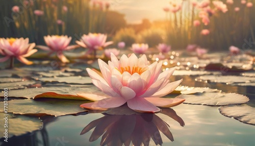 koi fish pond wallpaper with pink lotus flower in the style of realistic © Slainie