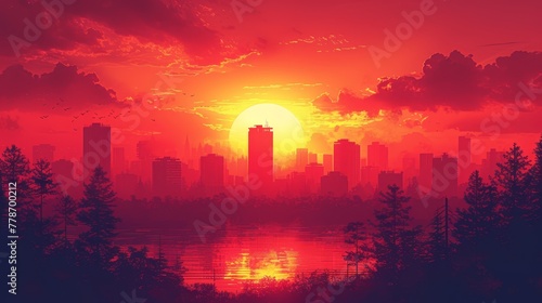 the sun is setting over a city with a lake in the foreground and birds flying in the sky above.