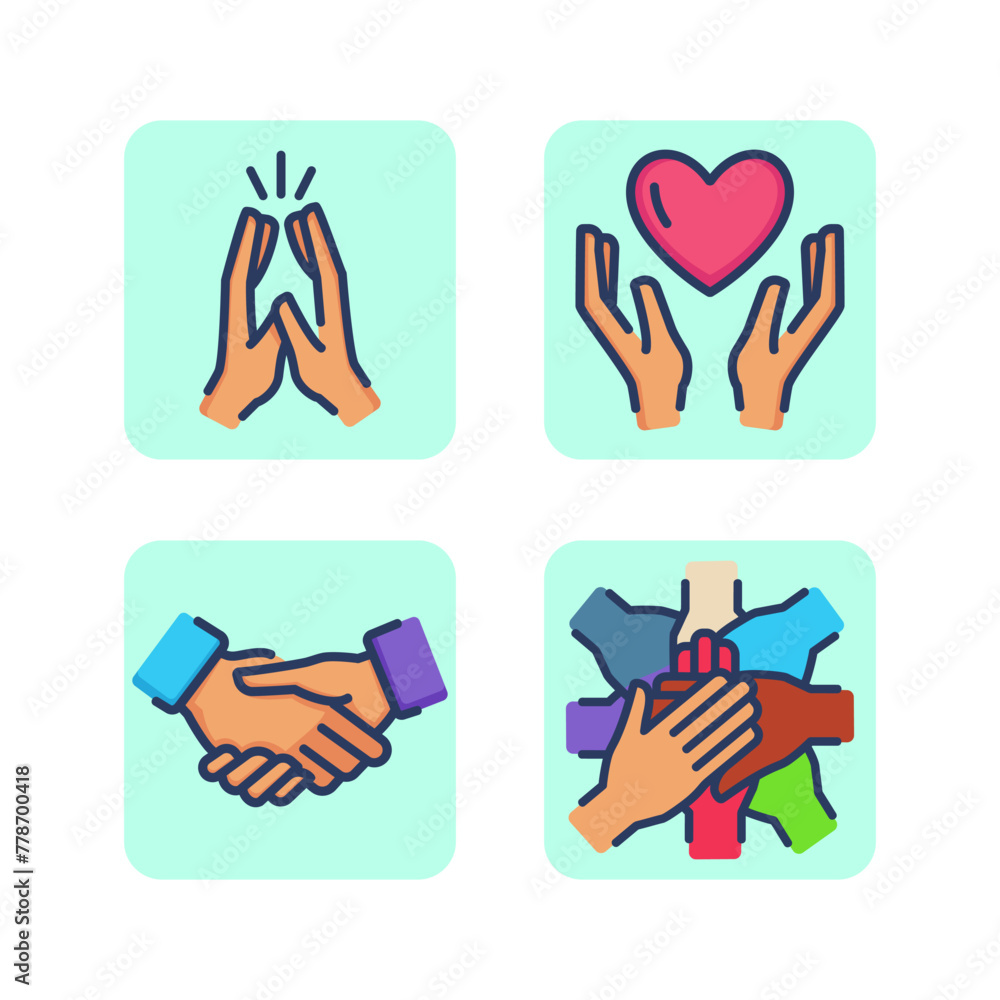 Friendship, team and partnership line icon set. Giving five, heart and love in hands, handshake of friends, team of friends or employees holding hands. Relations, cooperation concept. Vector illustrat Friendship, team and partnership line icon set. Giving five, heart and love in hands, handshake of friends, team of friends or employees holding hands. Relations, cooperation concept. Vector illustrat
