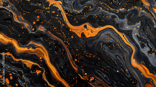 Abstract black and tangerine marble background with swirls of liquid lavender acrylic paint top view