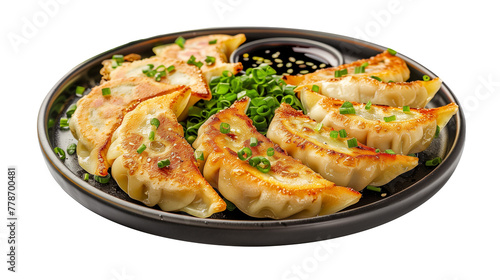 Gyoza with sauce on plate isolation on white background