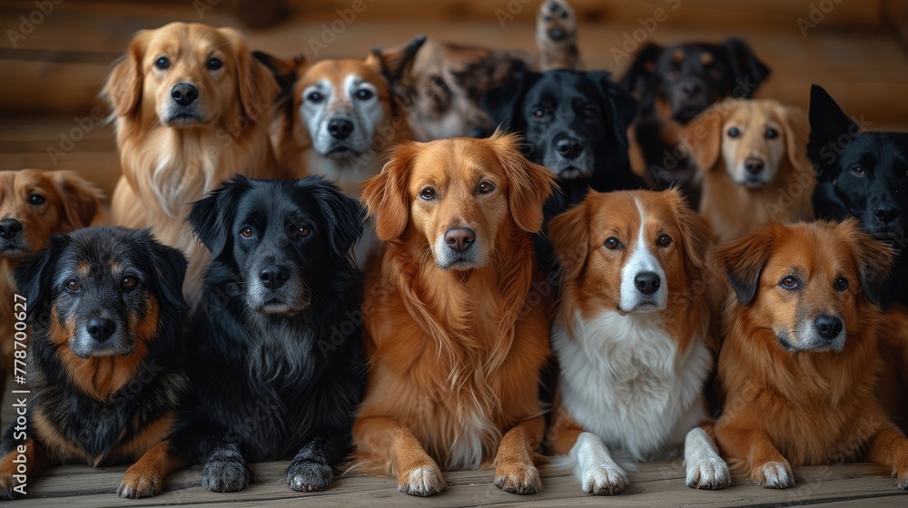 a group of dogs sitting next to each other on top of a wooden floor in front of a wooden wall.