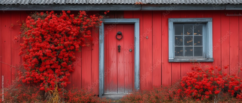 Fototapeta premium a red building with a blue door and window and a bush with red flowers growing next to the door and window.