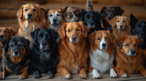 a group of dogs sitting next to each other on top of a wooden floor in front of a wooden wall. © Mikus