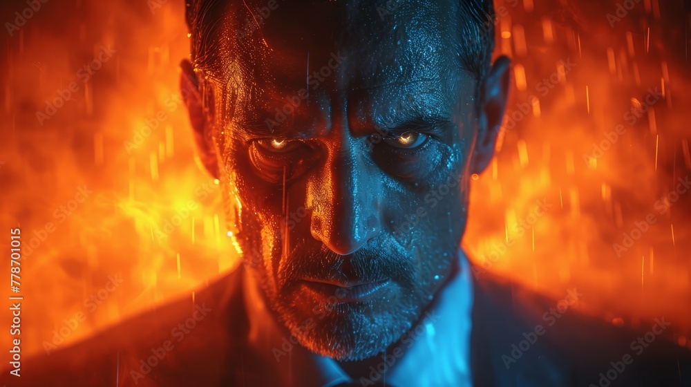 a man in a suit and tie standing in front of an orange and black background with water droplets on his face. a man in a suit and tie standing in front of an orange and black background with water droplets on his face.
