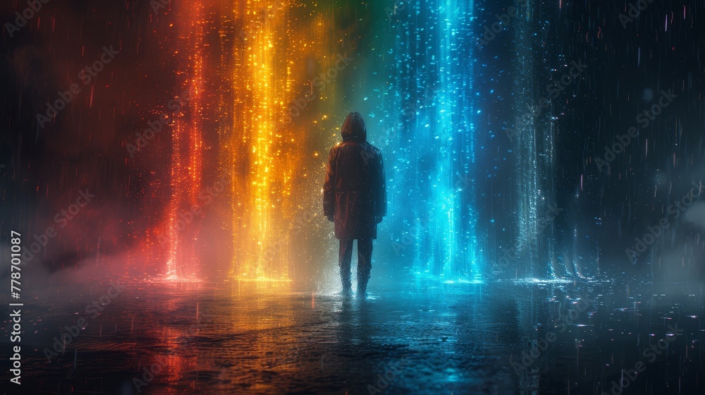 a person standing in front of a multicolored wall in the rain with an umbrella in the foreground.