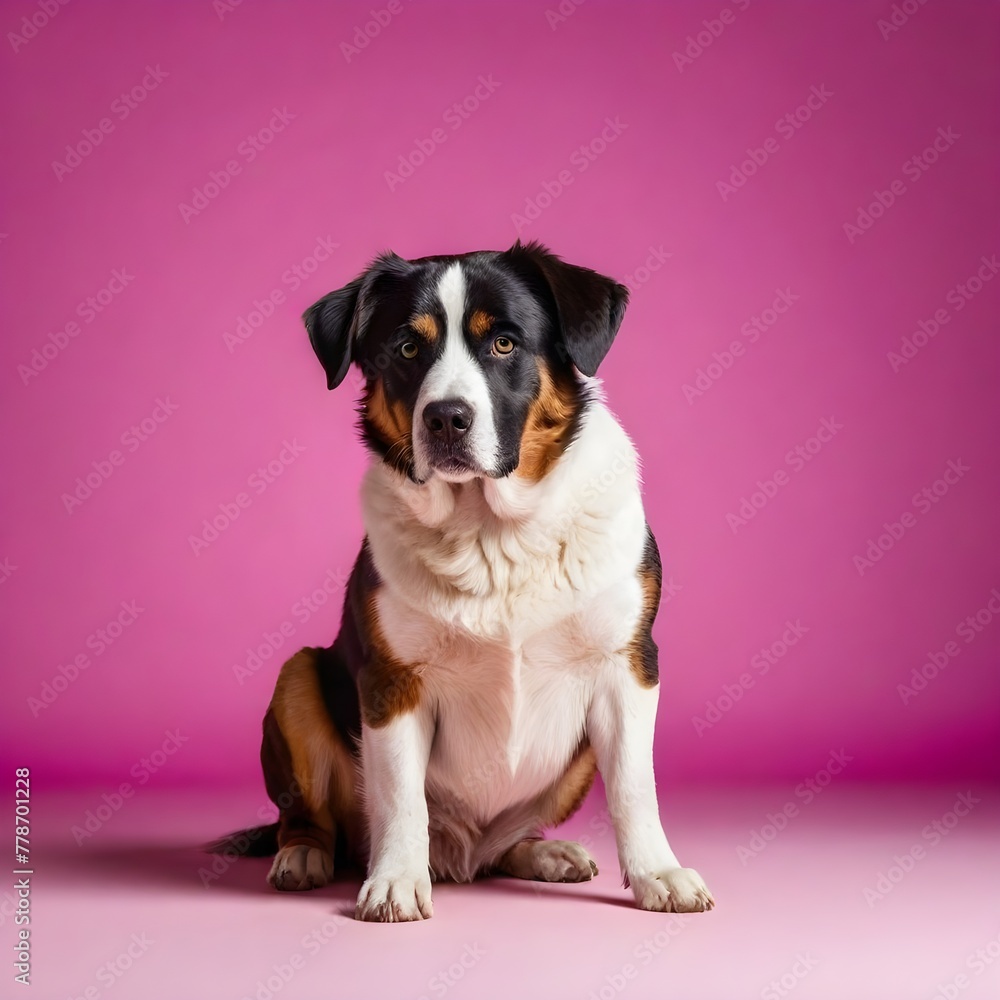 An engaging and vibrant studio portrait of a cute big dog sitting on the floor with a pink background, in the style of high resolution photography.