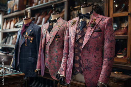 pink suits on mannequins, wide range of options, in an old fashioned tailor store 