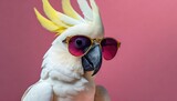 A white cockatoo donning stylish sunglasses poses confidently, with a punchy pink background adding a pop of color to the playful scene