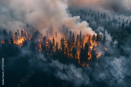 Aerial View of Raging Wildfire Consuming Forested Landscape