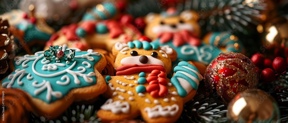 A closeup of intricate animalshaped cookies, each detailed with festivalthemed icing and edible glitter, against a festive backdrop