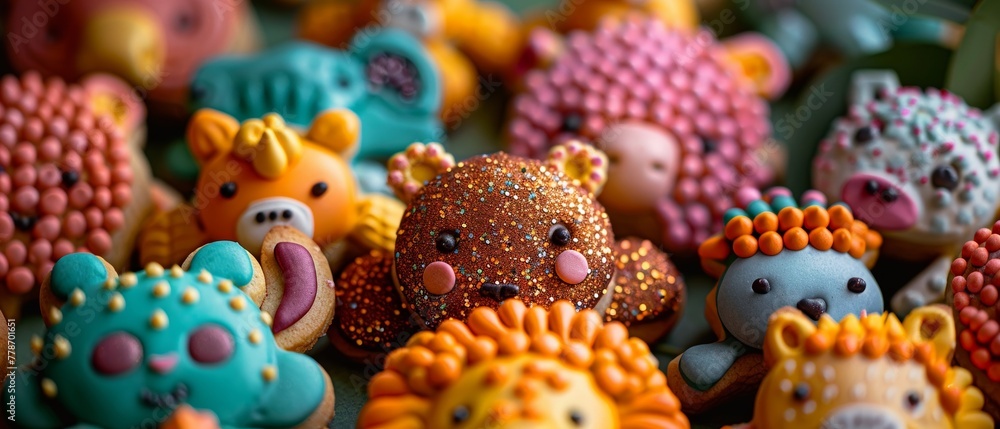 A closeup of intricate animalshaped cookies, each detailed with festivalthemed icing and edible glitter, against a festive backdrop