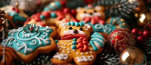 A closeup of intricate animalshaped cookies, each detailed with festivalthemed icing and edible glitter, against a festive backdrop