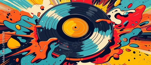 A cartoon vinyl record brought to life in vintage pop art style, with vibrant, contrasting colors and a backdrop of iconic pop art imagery