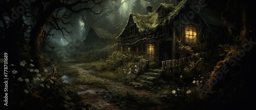 A decrepit cottage in the woods, its garden overrun with thorns, and shadows moving behind torn curtains photo