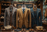  gold suits on mannequins, wide range of options, in an old fashioned tailor store