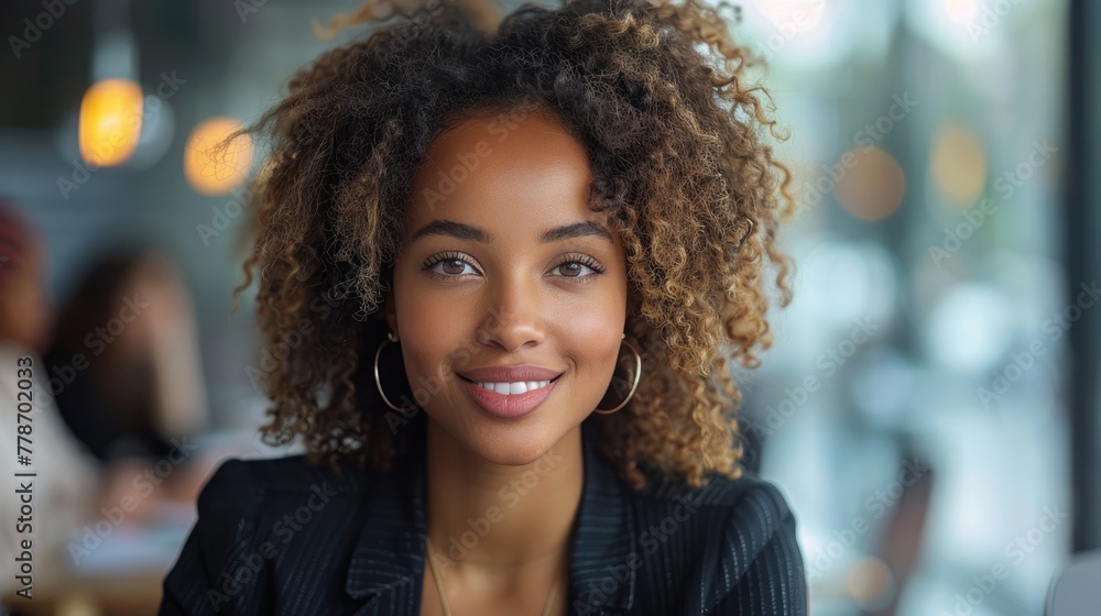 African American Woman smiling at the camera during a meeting in a business office. Mature and professional business woman leading a corporate team towards success. Generative AI African American Woman smiling at the camera during a meeting in a business office. Mature and professional business woman leading a corporate team towards success. Generative AI