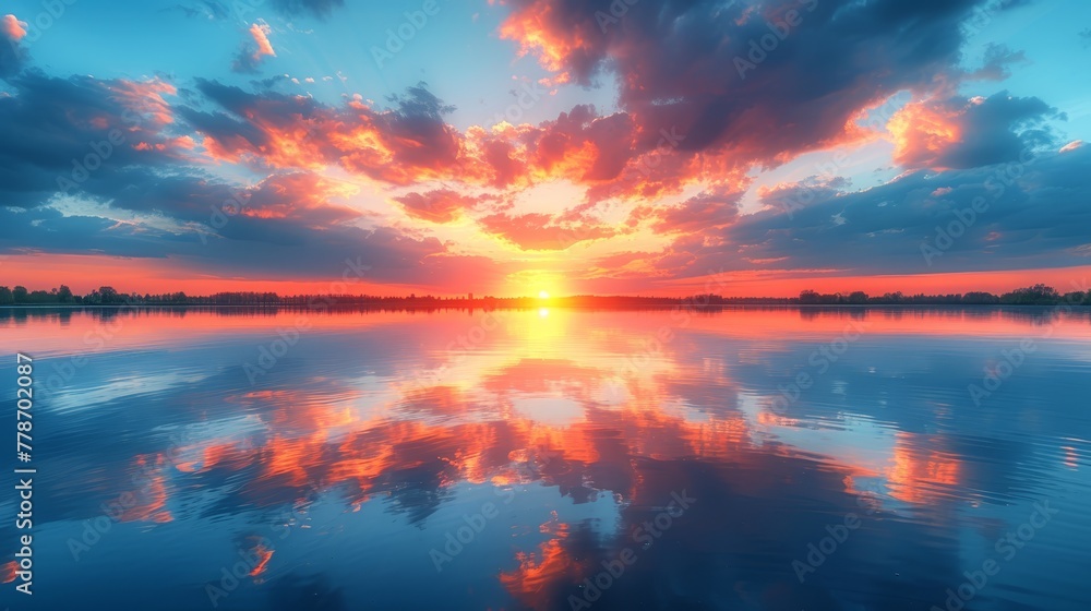 a large body of water with a sky filled with clouds and a setting sun in the distance with a few clouds in the sky.
