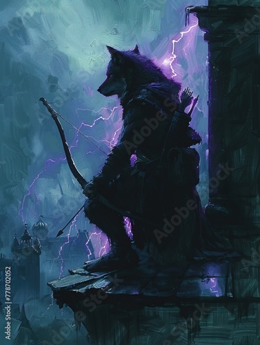 A Warewolf standing on a roof holding a longbow silhouetted by purple lightning oil on canvas photo