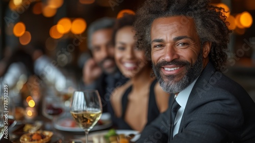 a group of people sitting at a table with wine glasses in front of them and a man with a beard smiling at the camera. photo