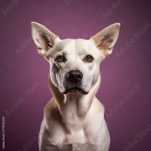 A white mixed breed dog with ears up looking at the camera on a purple background, in a professional photography style with studio lighting.