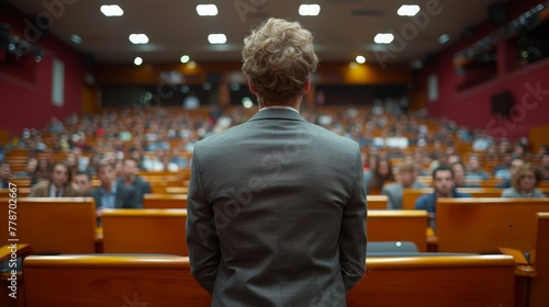 a man in a suit standing in front of a crowd of people in a lecture hall with their backs to the camera.