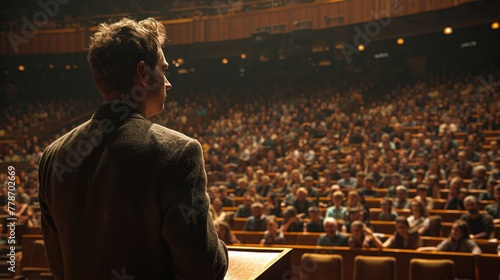 a man standing at a podium in front of a crowd of people in a lecture hall looking off into the distance.