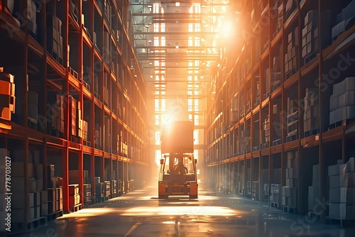 A forklift navigates through a crowded warehouse filled with neatly stacked boxes. photo