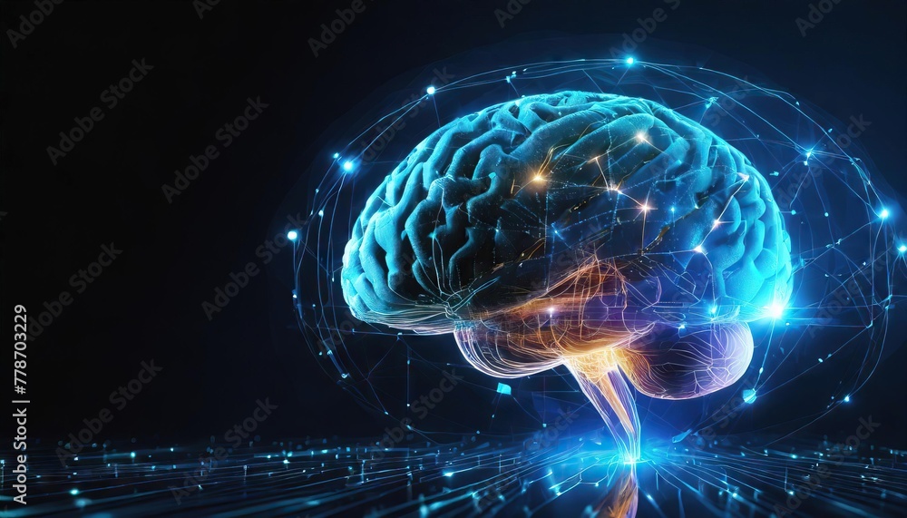 Abstract brain hologram. copy space. Artificial Intelligence, neuronets. futuristic hologram of brain on black background and glowing blue. Digital Brain big Data 