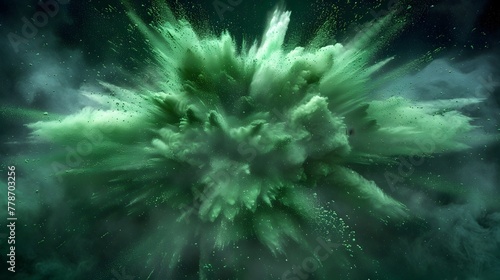 Explosive Green Powder Burst Against Dark Background Abstract Dramatic of Colorful Energy and Motion photo