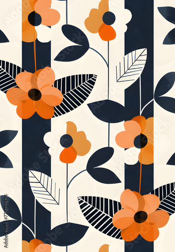 Striking and modern, this pattern features bold floral stripes in a geometric arrangement, with navy and orange hues providing a fresh and dynamic visual impact. Ideal for contemporary wallpapers, urb
