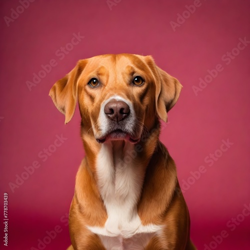 A frontal portrait of an American Foxhound dog sitting, looking at the camera on a magenta background. Studio photography with softbox lighting