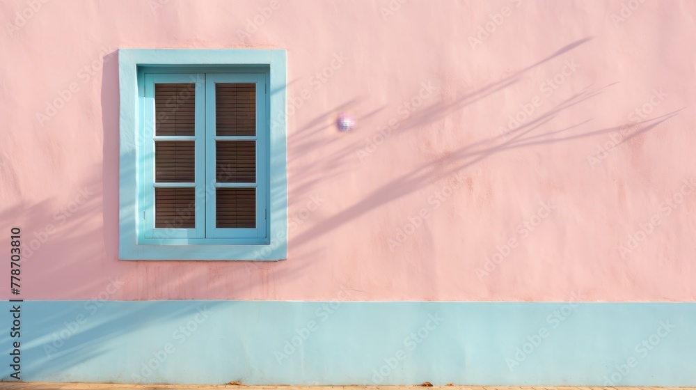Painted wall of a house there is a single closed window Painted wall of a house there is a single closed window