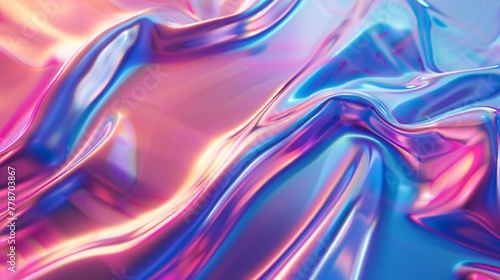 Dynamic iridescent holographic metallic gloss undulating wave on a colorful backdrop. 3D rendering perfect for backgrounds, banners, wallpapers, posters and covers.