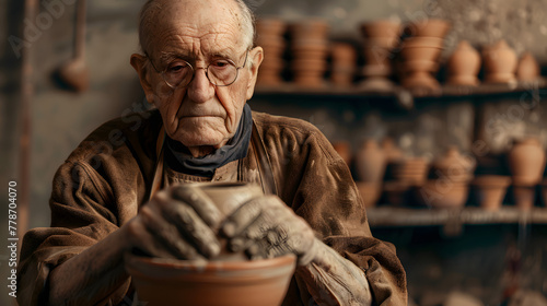 An elderly potter with glasses and a smock stands against a clay-colored background