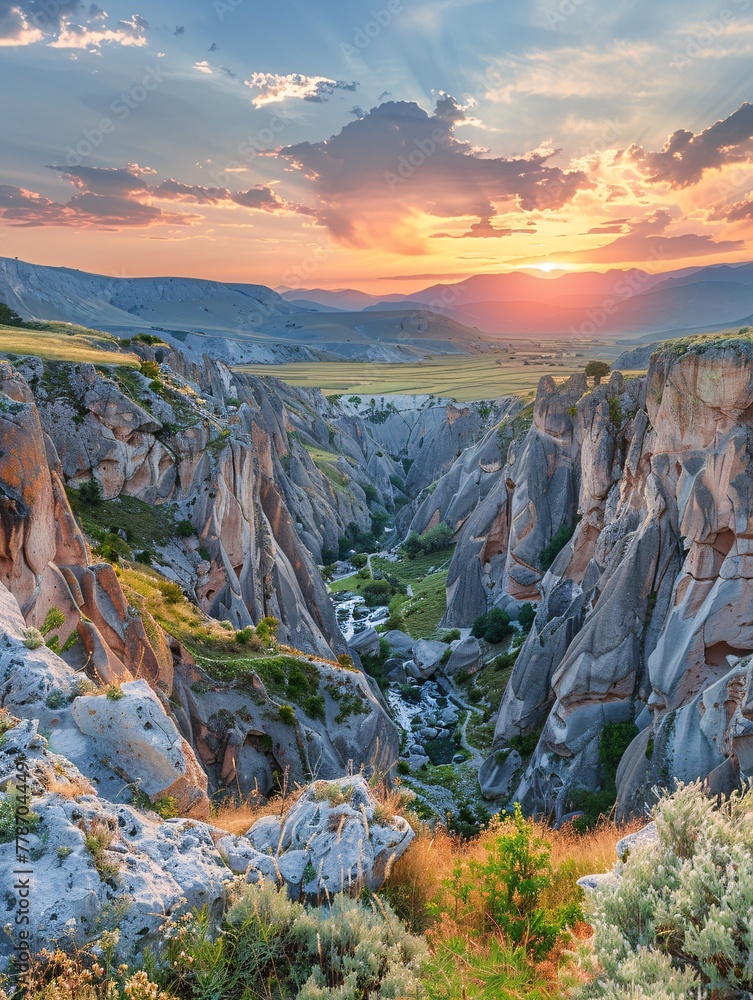 Experience a breathtaking, vibrant sunset in the stunning Tasyaran canyon during a summer getaway in the majestic Turkish valley.